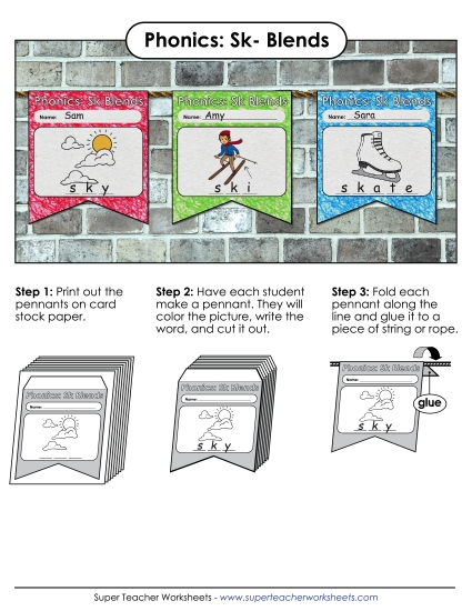 Cut and Glue Activities - Pennants (Sk- Words) (Printable PDF Worksheet)