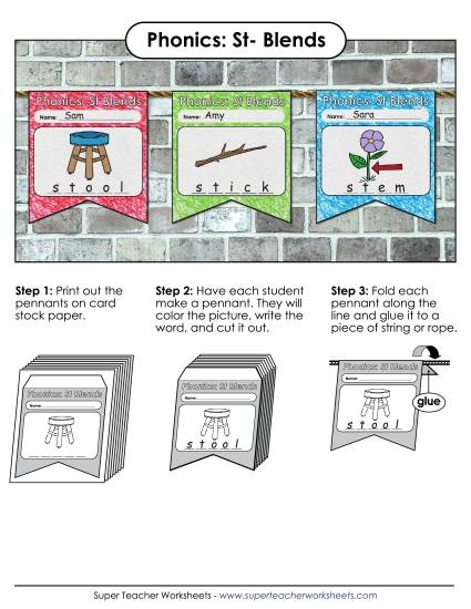 Cut and Glue Activities - Pennants (St- Words) (Printable PDF Worksheet)