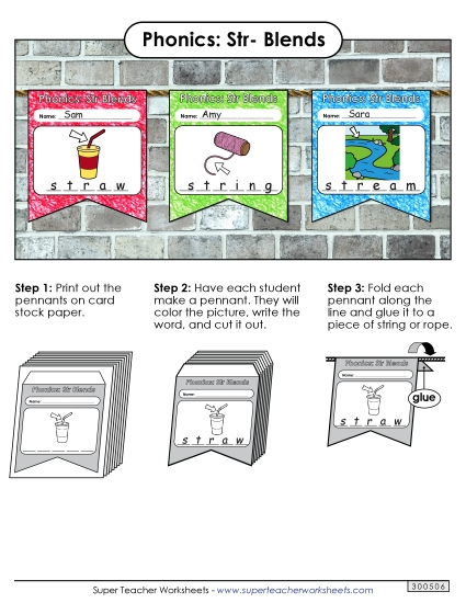 Cut-and-Glue Activities - Pennants (Str- Words) (Printable PDF Worksheet)