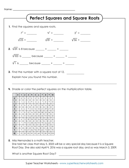 Perfect Squares and Square Roots (Printable PDF Worksheet)