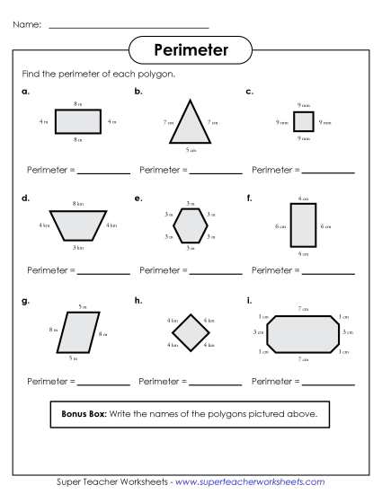 Basic (Simple Shapes & Whole Numbers) - Perimeter Polygons Worksheet (Printable PDF Worksheet)