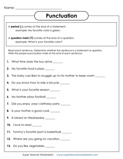 Periods, Question Marks, Exclamation Points - Periods & Question Marks (Printable PDF Worksheet)