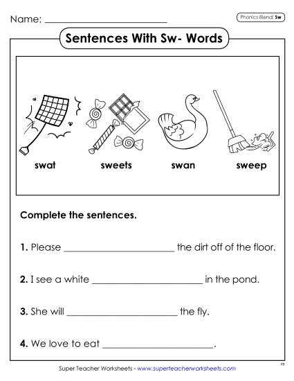 Worksheets - Phonics Blends: Sentences with SW Words (Printable PDF Worksheet)