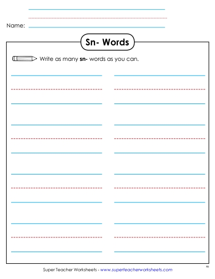 Worksheets - Phonics Brainstorm (Sn- Words)  (Printable PDF Worksheet)