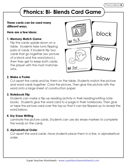 Games & Learning Centers - Phonics Card Game (Bl- Blends)  (Printable PDF Worksheet)