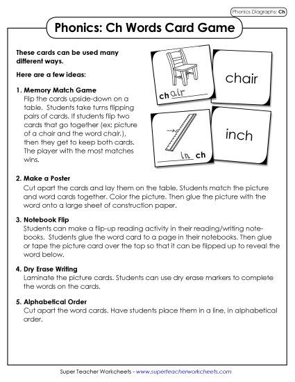 Games & Learning Centers - Phonics Card Game /ch/ (Printable PDF Worksheet)