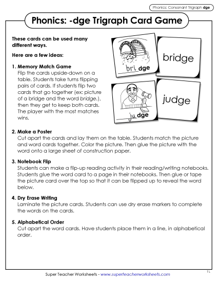 Games and Learning Centers - Phonics Card Game (-dge Trigraph) (Printable PDF Worksheet)