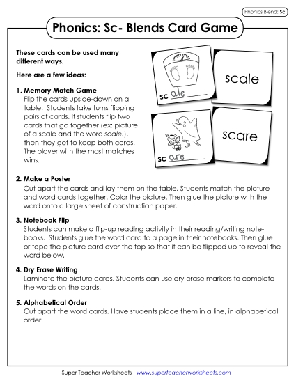 Games & Learning Centers - Phonics Card Game (Sc- Blends) (Printable PDF Worksheet)