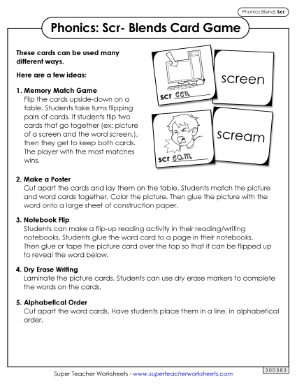 Games and Learning Centers - Phonics Card Game (Scr- Blends) (Printable PDF Worksheet)