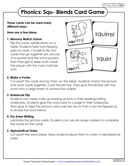 Games and Learning Centers - Phonics Card Game (Squ- Blends) (Printable PDF Worksheet)