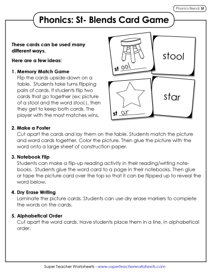 Games & Learning Centers - Phonics Card Game (St- Blends) (Printable PDF Worksheet)