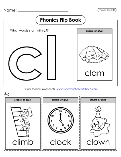 Cut and Glue Activities - Phonics Flip Book (Cl-) (Printable PDF Worksheet)