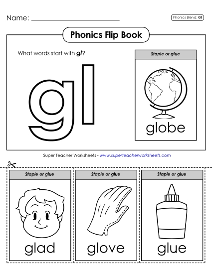 Cut and Glue Activities - Phonics Flip Book (Gl-) (Printable PDF Worksheet)