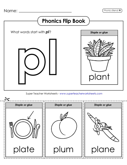 Cut and Glue Activities - Phonics Flip Book (Pl-) (Printable PDF Worksheet)