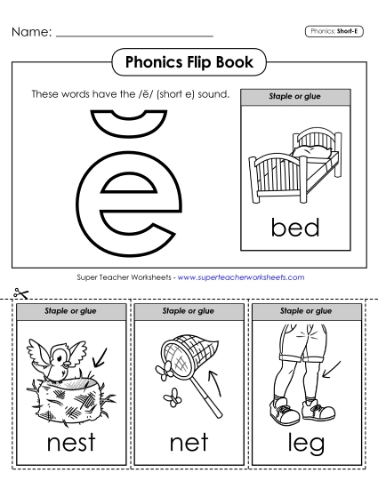 Cut & Glue Activities - Phonics Flip Book (Short E Words) (Printable PDF Worksheet)