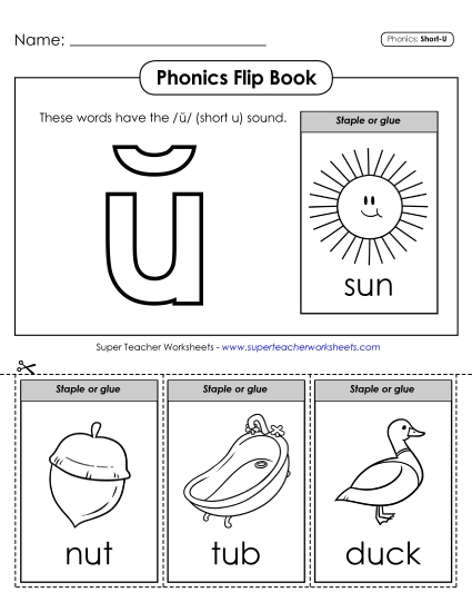 Cut & Glue Activities - Phonics Flip Book (Short U Words) (Printable PDF Worksheet)
