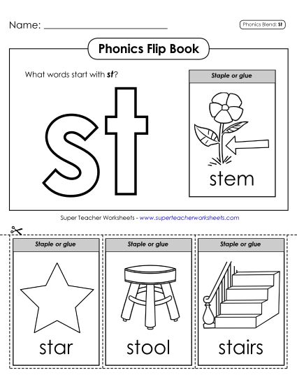 Cut and Glue Activities - Phonics Flip Book (St-) (Printable PDF Worksheet)
