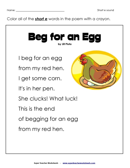 Worksheets - Phonics Poem: Beg for an Egg (Printable PDF Worksheet)