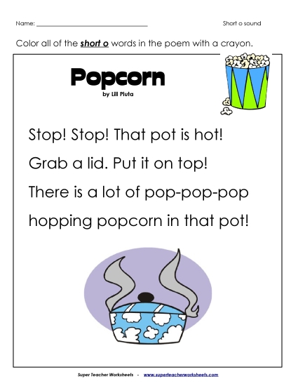Worksheets - Phonics Poem: Popcorn (Printable PDF Worksheet)