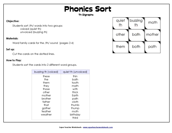 Phonics TH Sort (Printable PDF Worksheet)