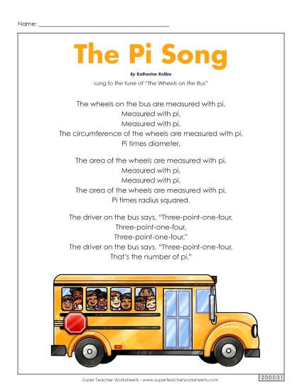 Pi Song (Printable PDF Worksheet)