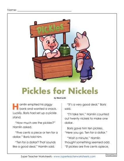 Fiction Stories - Pickles for Nickels (Fiction) (Printable PDF Worksheet)