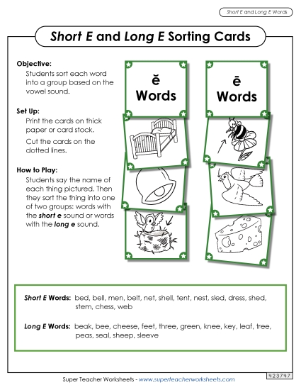 Picture Card Sort: Long E, Short E (Printable PDF Worksheet)