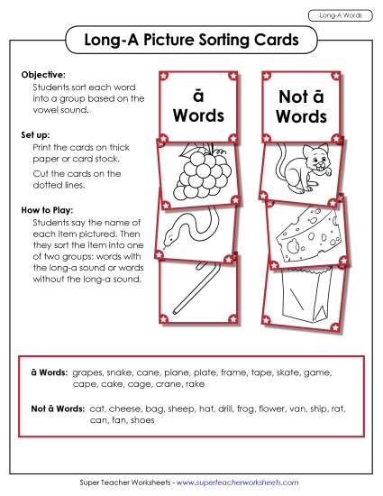 Games & Learning Centers - Picture Sorting Cards: (Long A Words) (Printable PDF Worksheet)