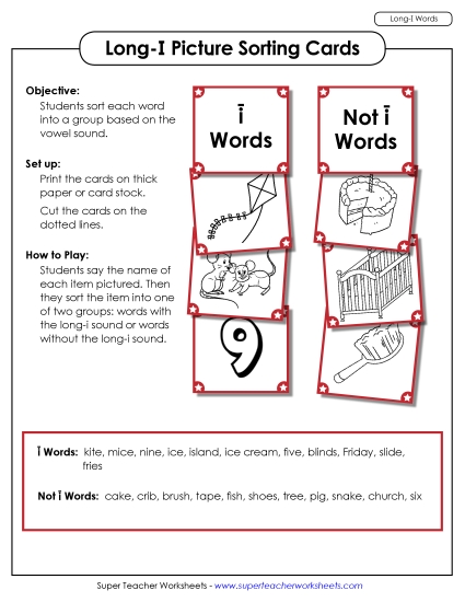 Games & Learning Centers - Picture Sorting Cards: (Long I Words) (Printable PDF Worksheet)