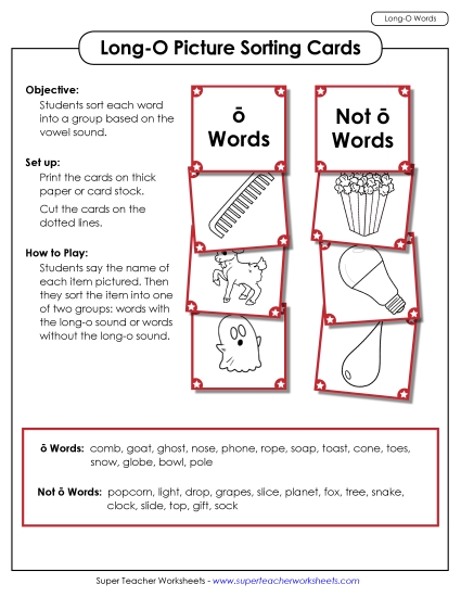 Games & Learning Centers - Picture Sorting Cards: (Long O Words) (Printable PDF Worksheet)