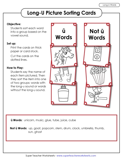 Games & Learning Centers - Picture Sorting Cards (Long U Words) (Printable PDF Worksheet)
