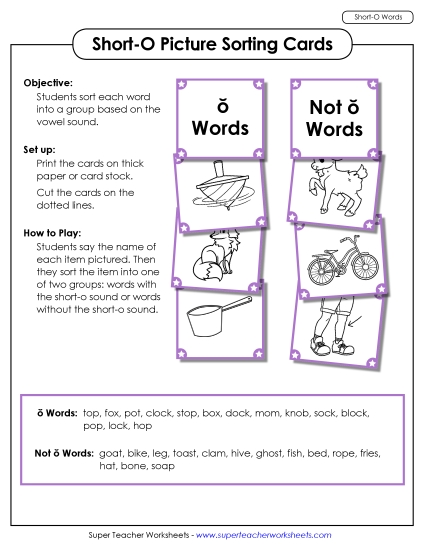 Games & Learning Centers - Picture Sorting Cards: (Short O Words) (Printable PDF Worksheet)