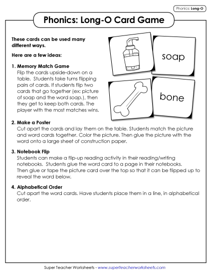 Games & Learning Centers - Picture-Word Match Game (Long O Words) (Printable PDF Worksheet)