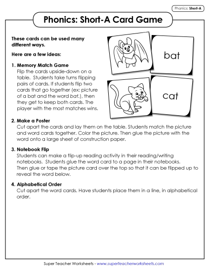 Games & Learning Centers - Picture-Word Match Game (Short A) (Printable PDF Worksheet)