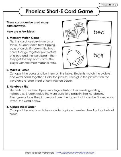 Games & Learning Centers - Picture-Word Match Game (Short E Words) (Printable PDF Worksheet)