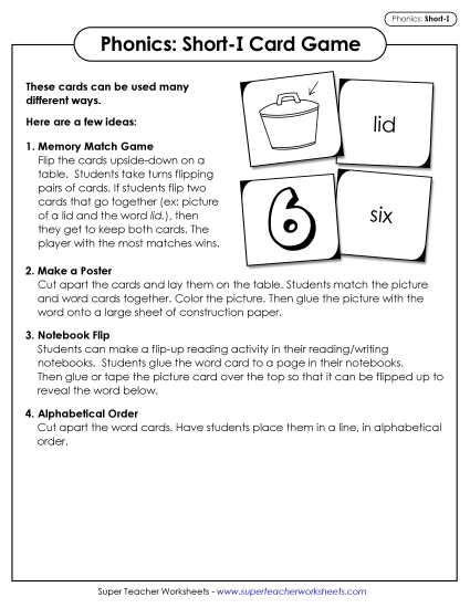 Games and Learning Centers - Picture-Word Match Game (Short I Words) (Printable PDF Worksheet)