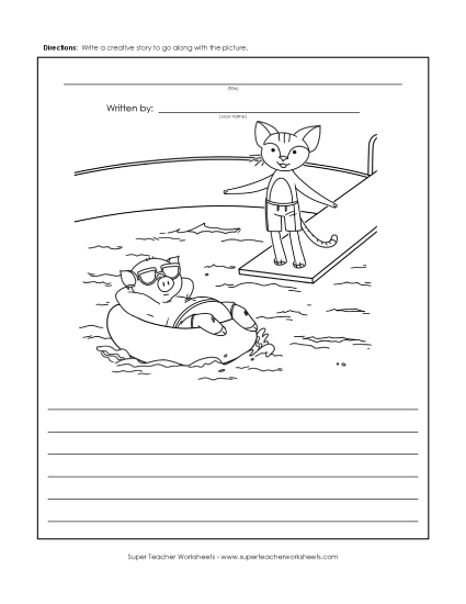 Story Pictures - Pig & Cat in the Pool (Printable PDF Worksheet)