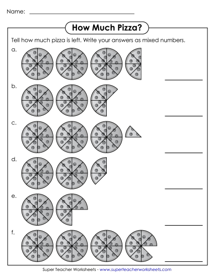 Mixed Numbers (Basic Concept) - Pizza - Mixed Numbers (Printable PDF Worksheet)