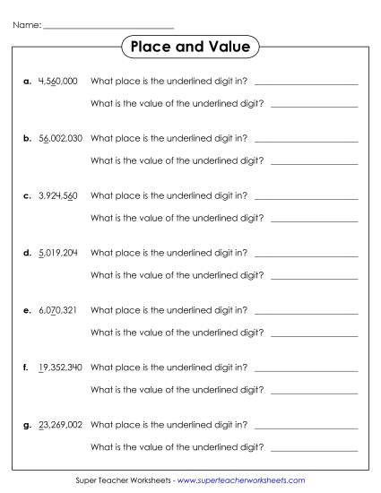 Place Value - Place and Value Worksheet (8-Digits) (Printable PDF Worksheet)