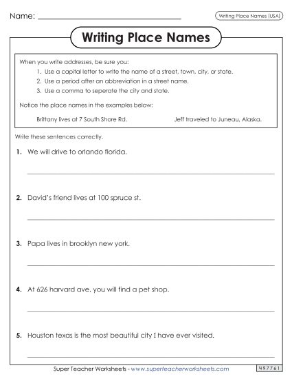 Date and Place Name Worksheets - Place Names (Printable PDF Worksheet)