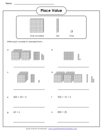 Place Value - Place Value Blocks (3-digit numbers) (Printable PDF Worksheet)
