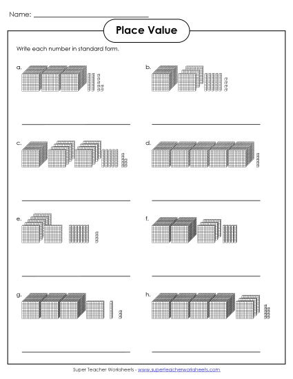 Place Value - Place Value Blocks (4-digit numbers) (Printable PDF Worksheet)