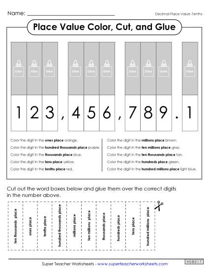 Decimal Place Value - Place Value Cut & Glue (Tenths) (Printable PDF Worksheet)
