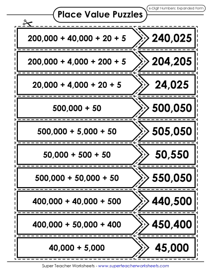 Place Value - Place Value Puzzle Match (6-Digit)  (Printable PDF Worksheet)