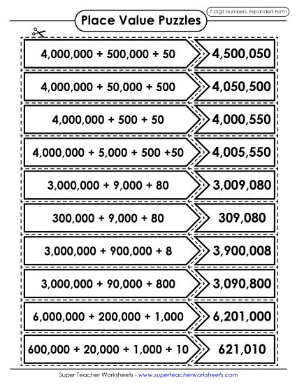 Place Value - Place Value Puzzle Match (7-Digit)  (Printable PDF Worksheet)