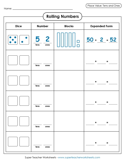 Place Value - Place Value: Rolling Numbers (Dice) (Printable PDF Worksheet)