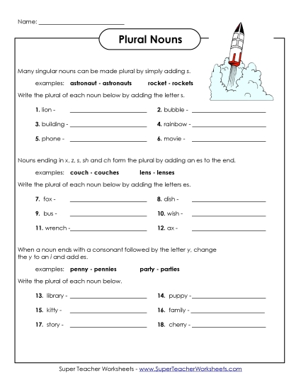 Singular & Plural Nouns - Plural Noun Rules (Printable PDF Worksheet)