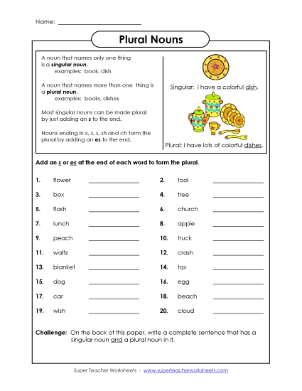 Singular & Plural Nouns - Plural Nouns (Adding -s and -es) (Printable PDF Worksheet)
