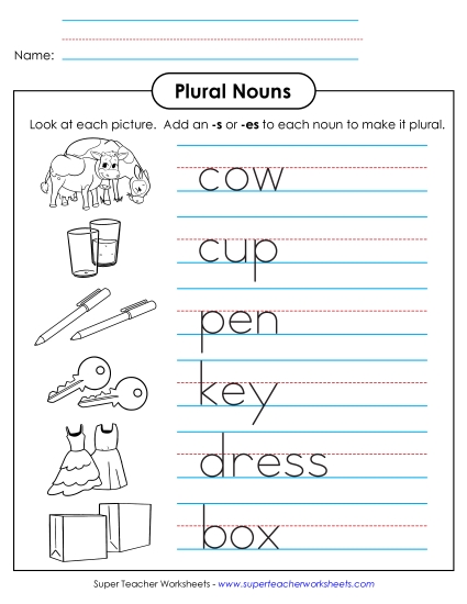 Singular & Plural Nouns - Plural Nouns (Basic)  (Printable PDF Worksheet)