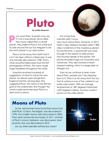 Articles with Questions - Pluto Article & Questions (Printable PDF Worksheet)